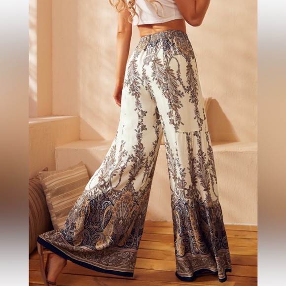 Boho Floral Print Palazzo High Waist Wide Leg Pants - Picture 3 of 8